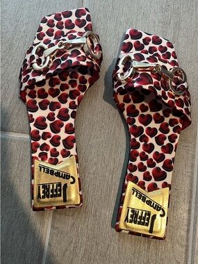 Jeffrey Campbell Red Heart Print Slide Sandals with Gold Chain